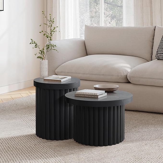 LuxenHome End Table, 23.6" Wide Black Wood Fluted Round Coffee Table Modern Side Tables for Living Room Round Wood Small Accent Tables for Bedroom