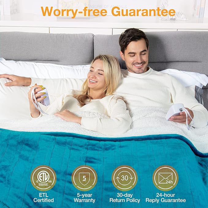 WOOMER Heated Blanket King Size,Durable Flannel and Soft Sherpa,Dual Control,84” × 90” Electric Blanket, 10 Heat Levels&0.5-12h auto-Off, Overheat Protection,Energy Efficient