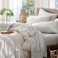 MooMee Bedding Sheet Set 100% Washed Cotton Linen Like Textured Breathable Durable Soft Comfy (Solid Light Blueish Grey, King)