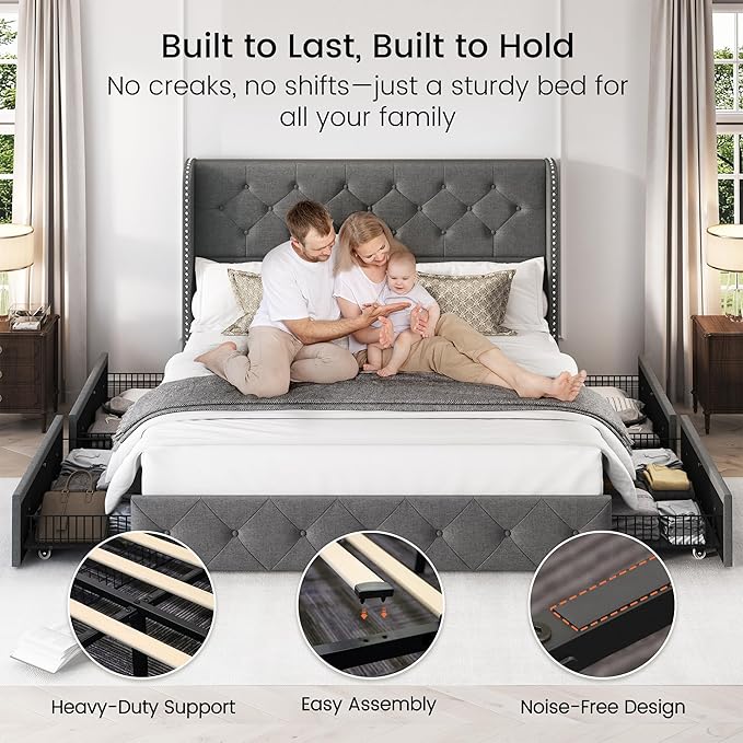 LARMACE Queen Size Platform Bed Frame with 4 Storage Drawers and Tufted Headboard Linen Upholstered Bed Wingback Bed Frame with Wooden Slats Support, Easy Assembly, Light Grey