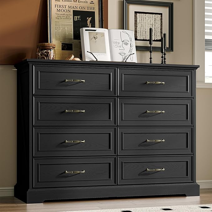 Farmhouse 8 Drawers Dresser for Bedroom, 48" Wide Modern Chest of Drawers with Deep Drawers & Bar Handles, Wood Dresser TV Stand, Wooden Rustic Closet Storage Organizer for Living Room, Hallway, Black