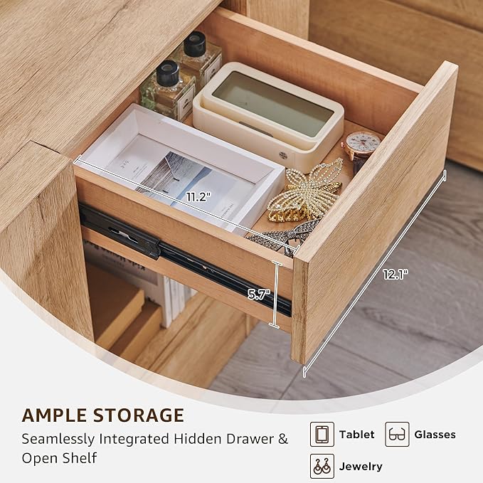 OKD Modern Nightstand with Charging Station, 24" Large Bedside Table, Rustic End Table with Drawers & Open Shelf for Bedroom/Living Room, Night Stand Wood Thick Design,Natural Oak
