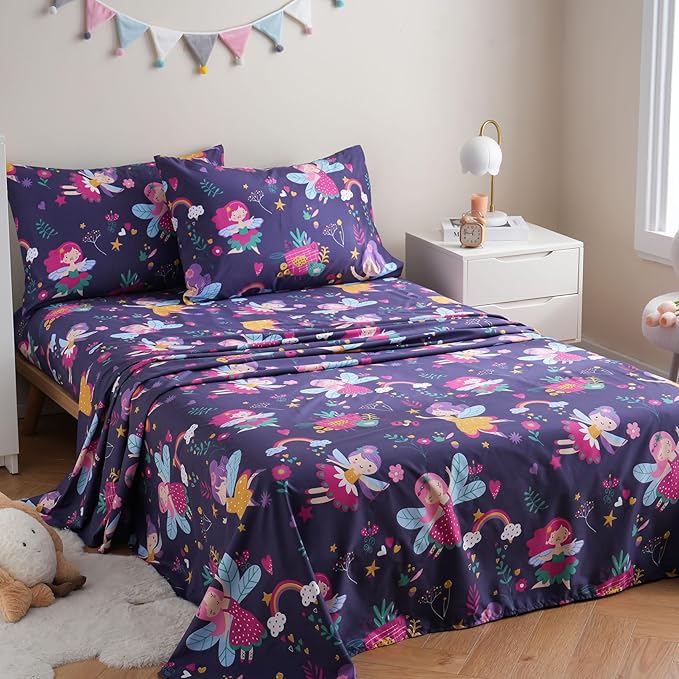 JSD Purple Fairy Kids Sheet Set Full Size, 4 Piece Girls Floral Printed Microfiber Sheets Deep Pocket