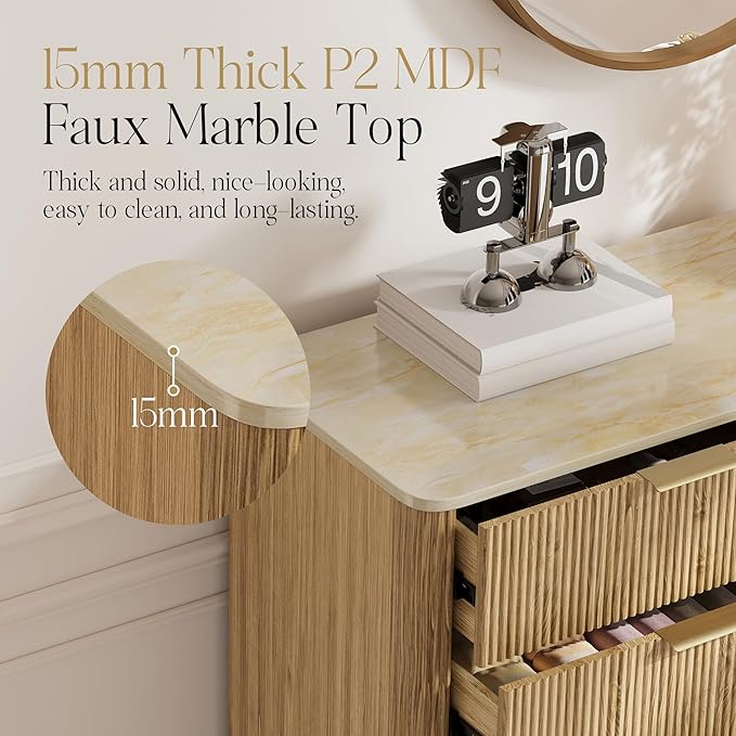 Fluted Drawers Dresser for Bedroom with 10 Drawers, 42'' Wide Mid Century Dressers with Faux Marble Top & Metal Handle, Wooden Chest of Drawers TV Stand, Natural Wood Closet Storage Organizer,Oak