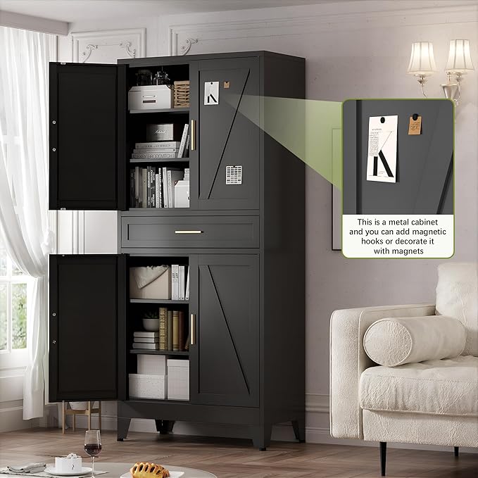 COFaR 71" Tall Metal Storage Cabinet with 4 Doors and 4 Adjustable Shelves, 6-Tier Farmhouse Storage Cabinet with Drawers and Legs, for Office, Home, Garage, Gym, School, Living Room, Hallway（Black）