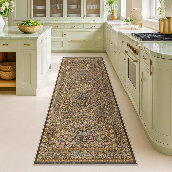 Non Slip 2x7 Gold Brown Kitchen Runner - Washable Long Runner Rugs for Bathroom, Hallway, Indoor Floor Mat, Bedroom Bedside - Brown Earthy Vintage Floral Décor
