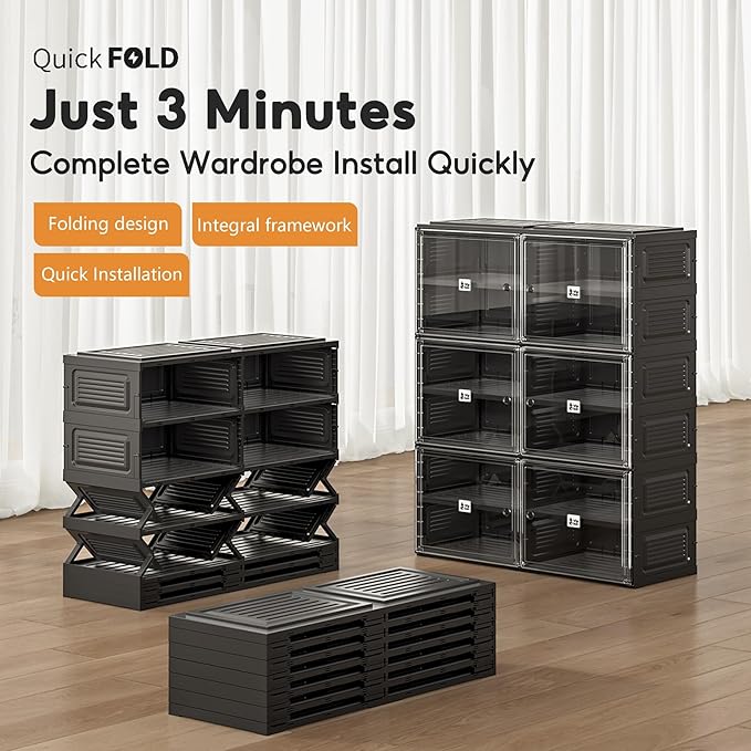 Black Shoe Rack Organizer Cabinet for Closet Entryway,Clear Shoe Storage Boxes Stackable Sneaker Storage with Door Easy Assembly Shoe Cabinet with Lids Large 4 Tiers 16 Pairs
