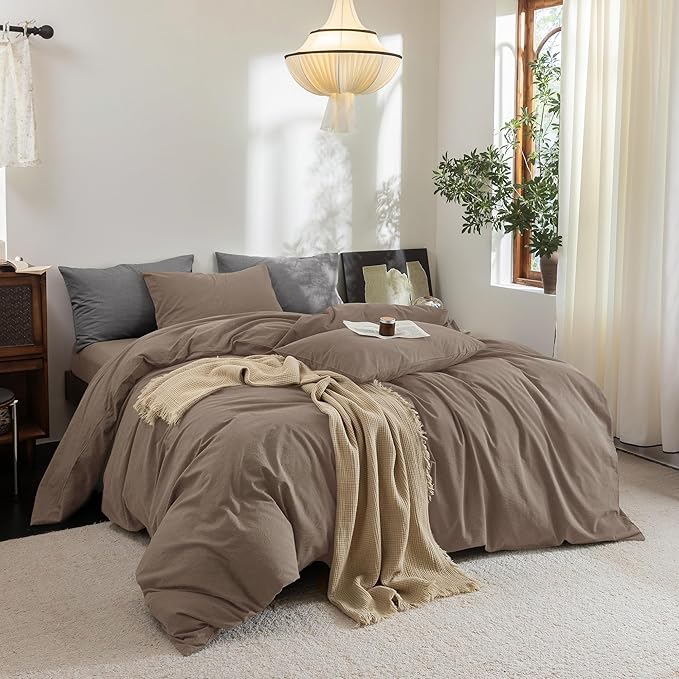 FOSSA Duvet Cover Set 100% Washed Cotton Linen Feel Super Soft Breathable Cozy 3 Pieces Bedding Sets Solid Pale Brown Oversized King Plus