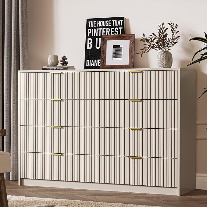 Beige Dresser for Bedroom, 8 Drawer Double Dresser, Modern Chest of Drawers for Bedroom, Living Room, Entryway and Closet, 55" L x 15.7" D x 37.4" H