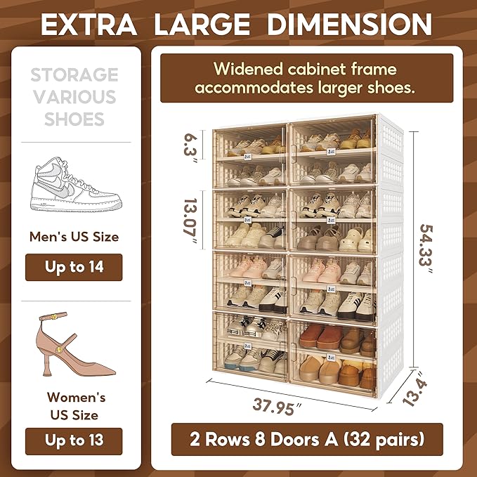 ANTBOX Foldable Shoe Rack Cabinet with Clear Doors, Extra Large Shoe Organizer for Entryway & Closet, Portable Dust-Free Storage Shelf Holds 32 Pairs (X-Large 32 Pairs)