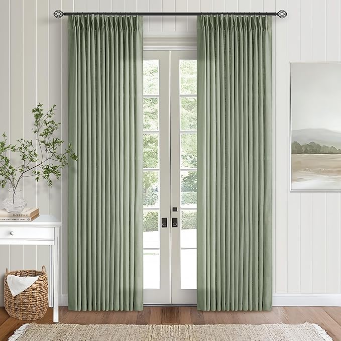 Sage Green Pinch Pleated Linen Curtains 80 Inches Long for Living Room Bedroom Light Filtering Boho Window Drape 80 inch 2 Panels with Hooks Rings Sliding Glass Door Semi Sheer Curtain Light Green