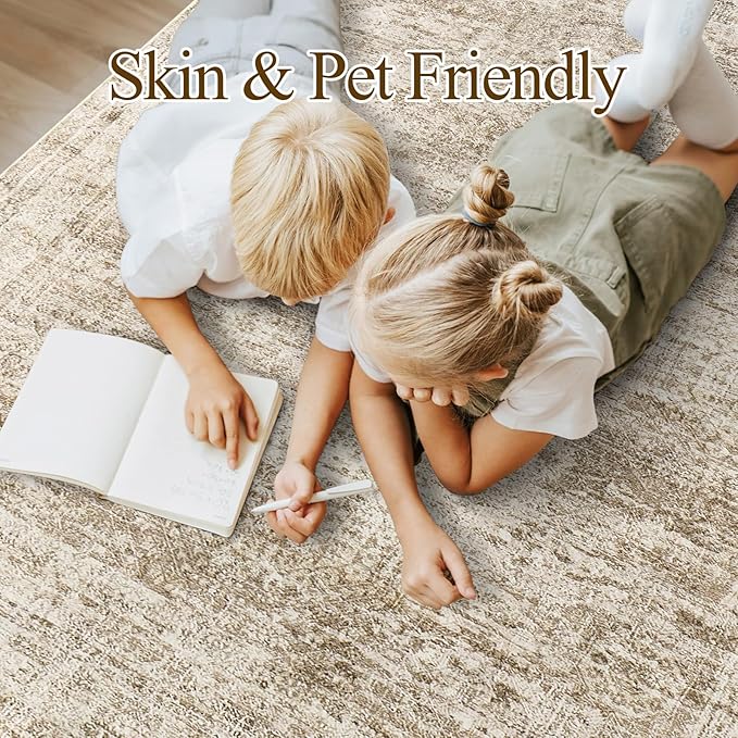 Area Rug 10x12 Vintage Washable Living Room Large Carpet Non Slip Bedroom Indoor Office Dining Room Low Pile Thin Rug Brown