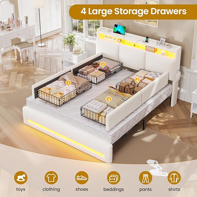 VIAGDO Queen Bed Frame with Storage Headboard and Charging Station, Boucle Upholstered Bed Frame Queen Size with 4 Drawers and LED Lights, Type C and USB, No Box Spring Needed, Cream White