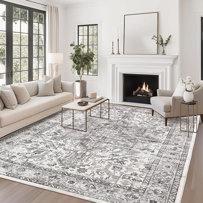 zesthome 8x10 Area Rugs for Living Room,Non-Slip Backing Washable Rugs,Vintage Large Area Rug，Stain Resistant Home Decor Rug (Grey/White,8'x10')