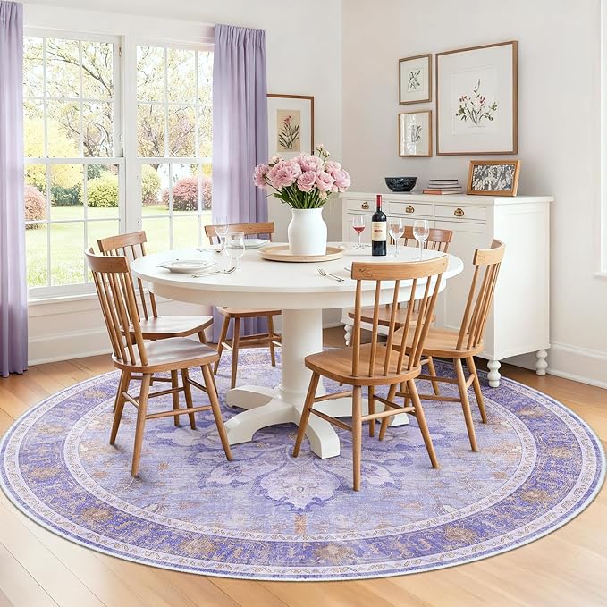 Area Rugs 8ft Washable Non-Slip, Floral Vintage Distress Print Pattern Medallion Carpet for Living Room Bedroom Dining Room, Light Purple Brown