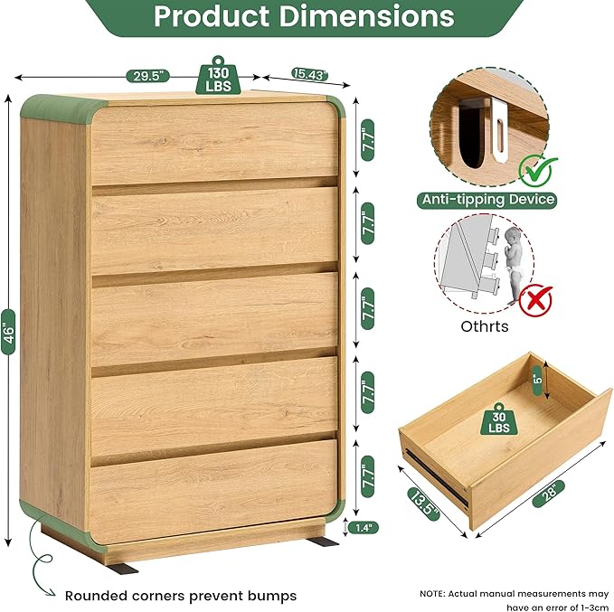 5 Drawer Dresser, Modern Dresser with Storage, Chest Drawers with Wood Grain Texture, Drawers Organizer for Bedroom, Living Room, Hallway, Natural.