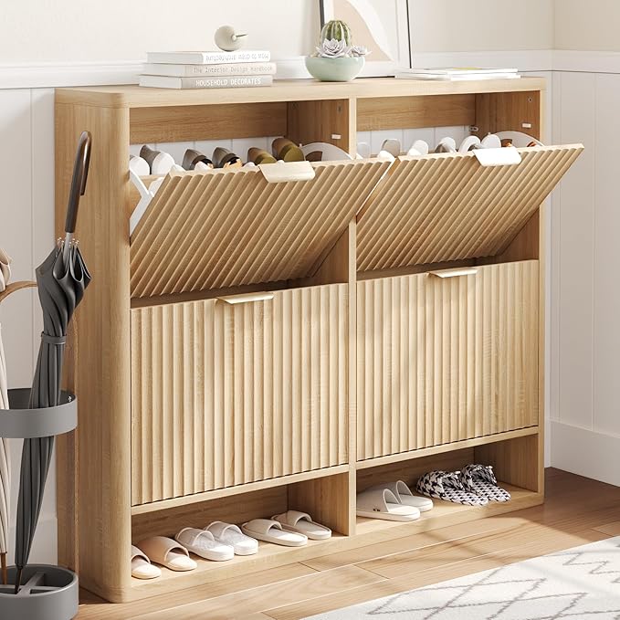 Fluted Shoe Cabinet Storage with 4 Flip Drawers, Narrow Shoe Storage Organizer for Entryway, Hidden Slim Wooden Shoe Rack Cabinet for Front Door Entrance, Hallway, Living Room (4-Drawer, Oak)