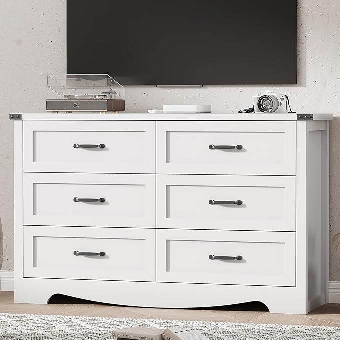 Dresser for Bedroom with 6 Drawers, 54" Wide Wood Chest of Drawers with Deep Drawers & Mental Handle, Modern Dresser TV Stand, Wooden Closet Storage Organizer for Living Room, Hallway, Entryway, White