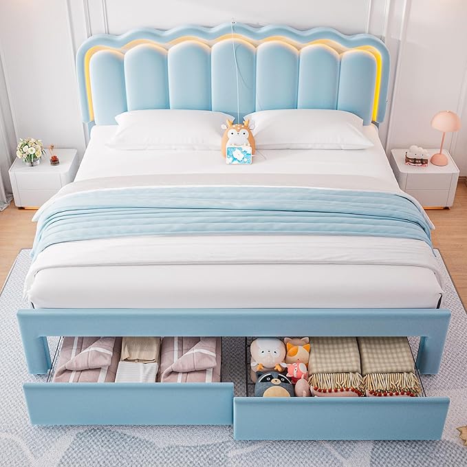 Velvet Upholstered King LED Bed Frame with 2 Storage Drawers and Adjustable Chic Double Wavy Headboard, Princess Platform Bed with Charing Station, Solid Wood Slats Support,No Box Spring Needed,Blue