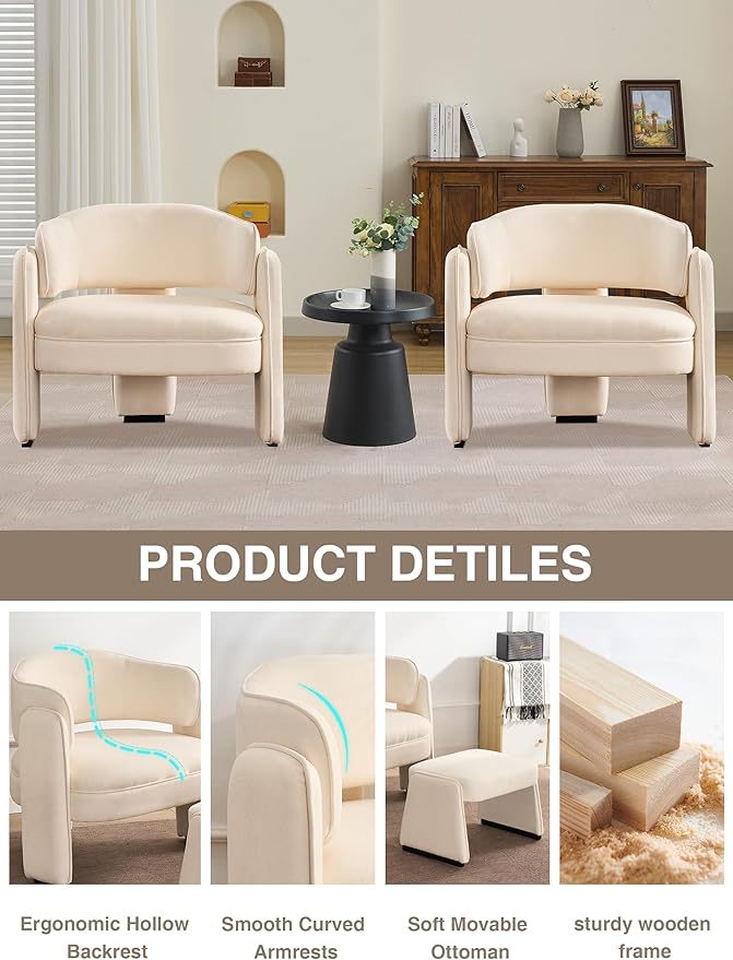 LOULENS Accent Chair with Ottoman, Oversized Barrel Chair, Modern Upholstered Comfy Armchair for Living Room, Bedroom, Reading Room & Corner, Beige