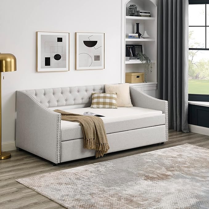 Favfurish Upholstered Twin Size Daybed with Twin Trundle, Solid Wooden Sofa Bed Frame w/Button Tufted Backrest and Copper Nail on Waved Shape Arms, No Spring Box Need, Space-Saving Design