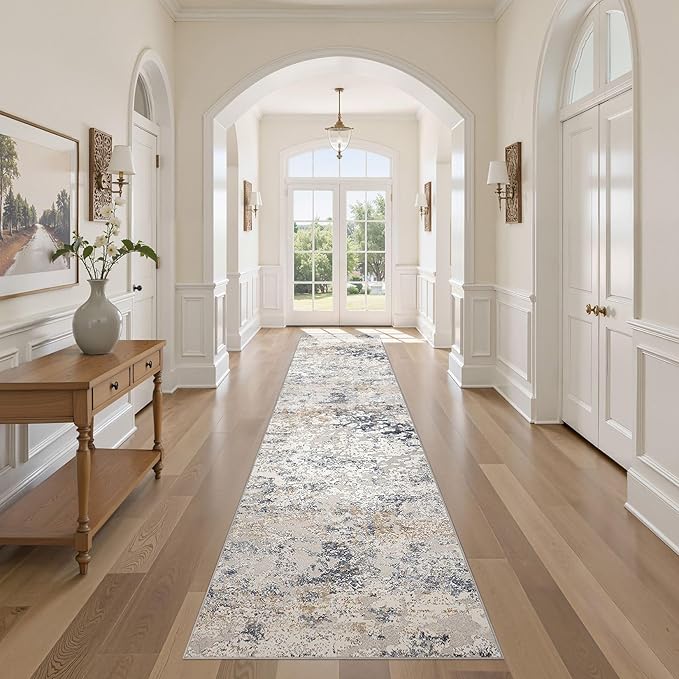 Washable Runner Rug for Hallway: 2.6x12 Neutral Modern Abstract Low Pile Area Rug with Non-Slip Backing - Carpet for Bedroom Kitchen Laundry Entryway Bathroom Indoor - Beige Blue