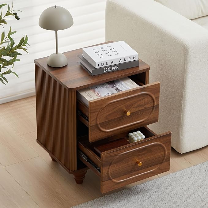 ORRD 2 Drawer Fluted Mini Small Dresser for Bedroom Set of 2, Mid Century Modern Nightstand Bedside End Table, Wood Storage Dresser Organizer for Bedroom Living Room, Walnut
