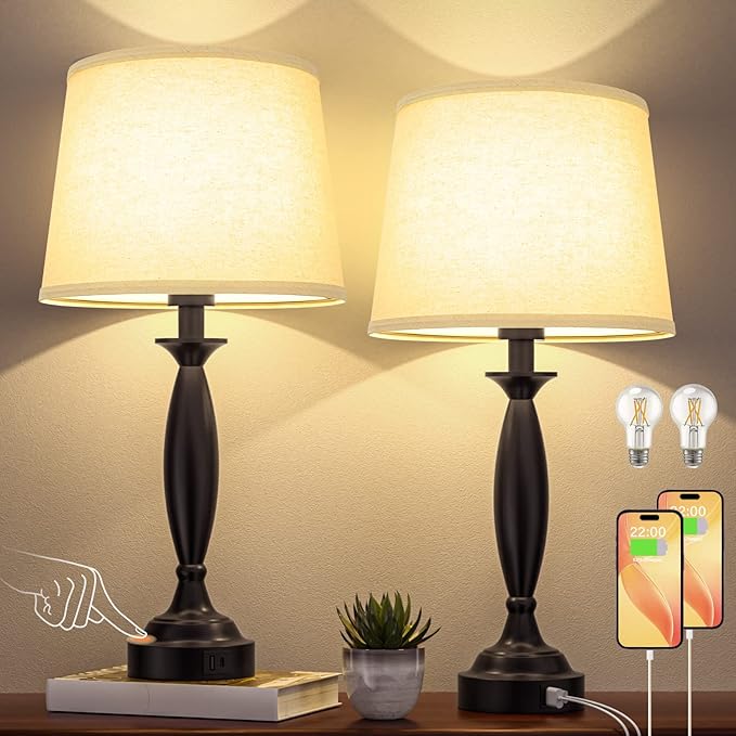 Seealle Beige Lamps for Bedrooms Set of 2 - Touch Control Bedside Lamp with USB C+A, 3 Way Dimmable Nightstand Lamps with USB Port, Table Lamp for Living Room(Beige Shade and Black Base)