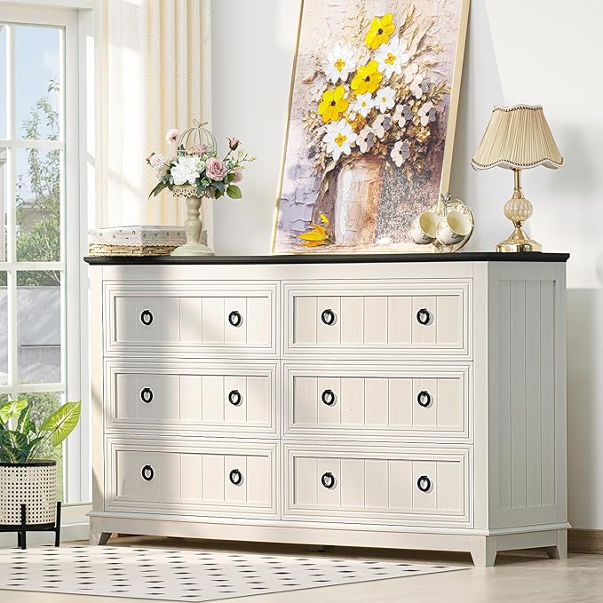 Bedroom Dresser and Nightstand Sets 4 Piece, Farmhouse 6 Drawers Dresser & 40.5" Tall Chest of Drawers, 18" Nightstands Set of 2, 54" Wide Furniture Dressers for Bedroom, Living Room, White