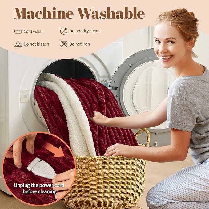 Electric Heated Throw Blanket - 50"x60" Fast Heating Bed Blankets with 6 Heating Levels & 4 Hours Auto Off, Soft Ribbed Flannel Sherpa, Over-Heated Protection ETL, Red