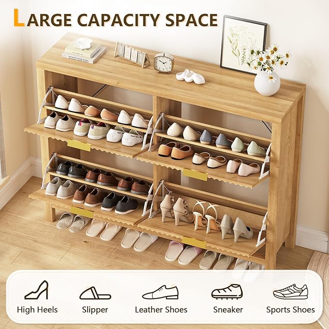 Shoe Cabinet Storage for Entryway, Fluted Shoe Cabinet with 4 Flip Drawers, Hidden Shoe Rack Freestanding Wooden Shoe Organizer with Legs for Hallway, Oak