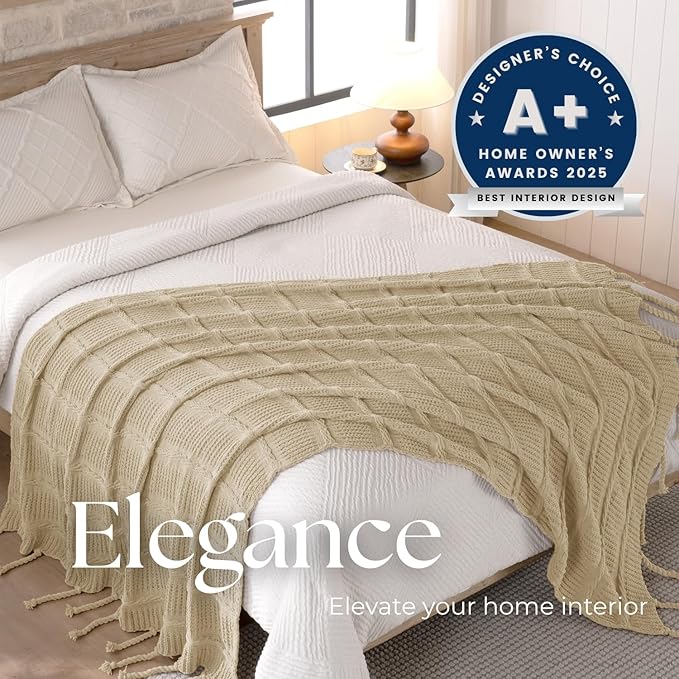 Boho Knitted Chenille Blanket with Tassels - Lightweight & Soft All-Season Throw - 3D Classic Pattern for Living Room Bedroom Couch, Sandy Beige, King 90"x108"