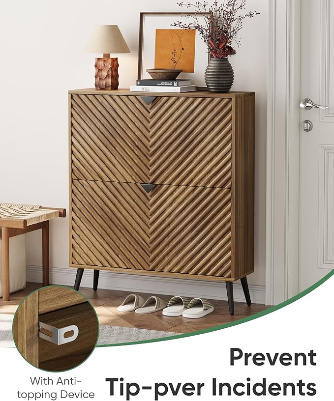Shoe Cabinet, Entrance Shoe Storage Cabinet with Diamond Parquetry 2 Flip Drawers, Narrow Shoe Cabinet Storage for Entryway, Shoe Organizer Cabinet with Black Handles, Slim Shoe Rack Cabinet (Walnut)