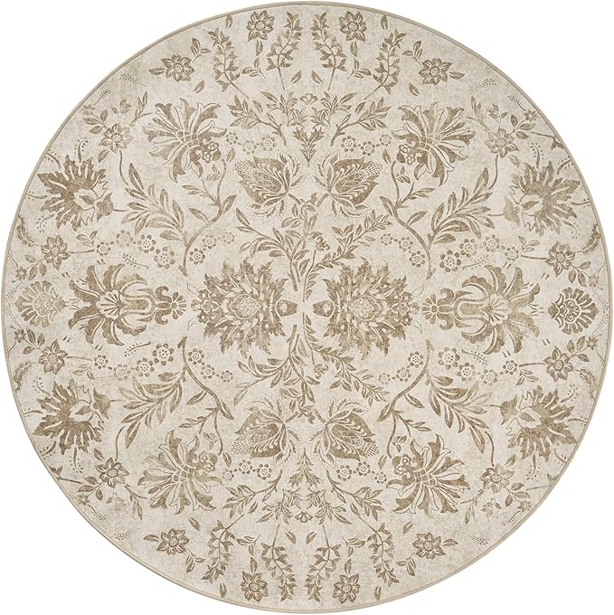 jinchan Torino Classic Floral Round Rug 8ft, Vintage-Inspired Neutral Design 8’Circle Rug, Machine Washable Ultra-Thin Low-Pile Non-Slip Indoor Carpet for Bedroom Dining Room Living Room, Taupe