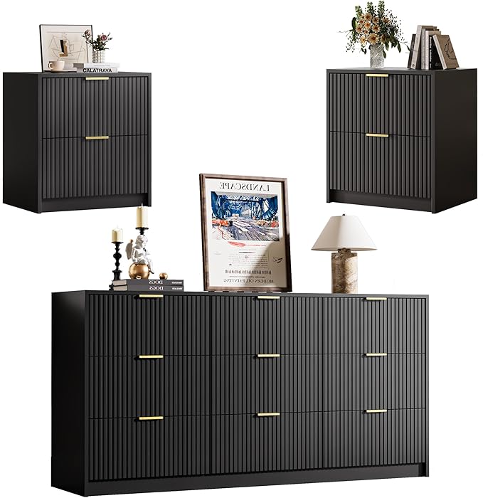 3-Piece Dresser Bedroom Set, 9 Drawer Dresser & 2 Drawer Nightstands with Gold Handles, Fluted Wood Chest of Drawers for Bedroom, Living Room, Entryway, Black