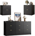 3-Piece Dresser Bedroom Set, 9 Drawer Dresser & 2 Drawer Nightstands with Gold Handles, Fluted Wood Chest of Drawers for Bedroom, Living Room, Entryway, Black