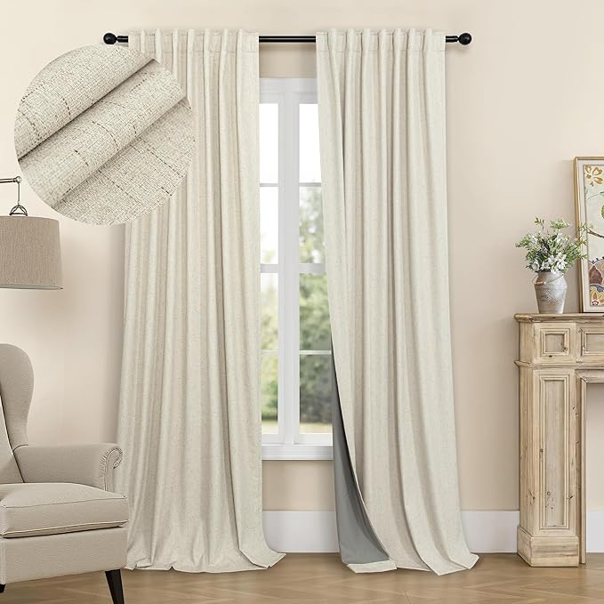 Farmhouse Style 94 Inch Curtains for Living Room Drapes Back Tab Pleated Linen Blackout Earthy Curtain Heat Blocking Black Out Window Treatment Master Bedroom Sunroom 2 Burg Panel 94 Long Length Beige