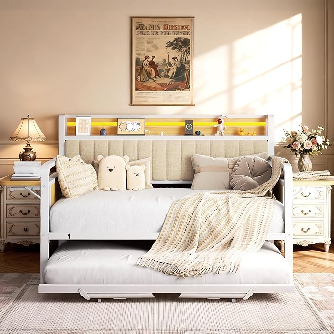 Daybed with Trundle, Twin Trundle Bed Frame - Metal Day Bed with LED Lights, Upholstered Storage Headboard & Charging Station, Pop Up Sleeper, Modern Design for Living Room and Guest Room-White