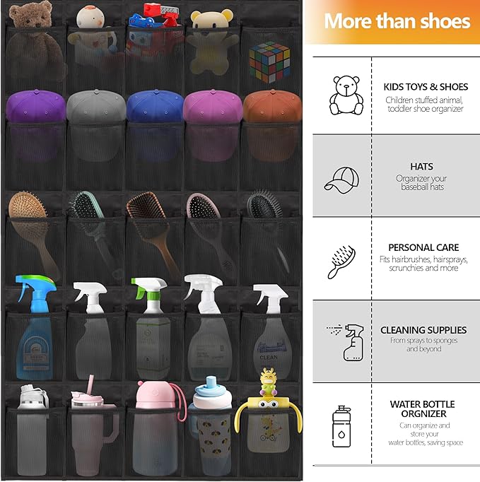 Over The Door Shoe Organizer, 40 Large Mesh Pockets Hanging Shoe Rack Organizer for Closet Behind The Door Storage Holder for Entryway Bedroom Dorm Black