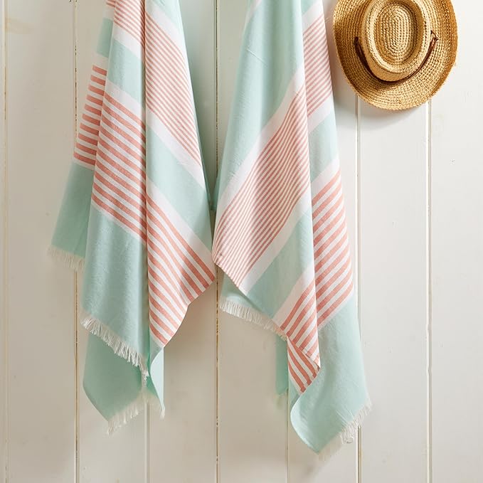 The Good Earth 4 Pack Oversized Turkish Beach Towel Set - 35" x 78" - Luxury Portuguese Cotton - Sand Resistant - Mint/Coral
