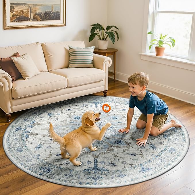 Area Rugs 7ft Washable Non-Slip, Floral Vintage Distress Print Pattern Medallion Carpet for Living Room Bedroom Dining Room, Light Blue Navy Beige Gray White
