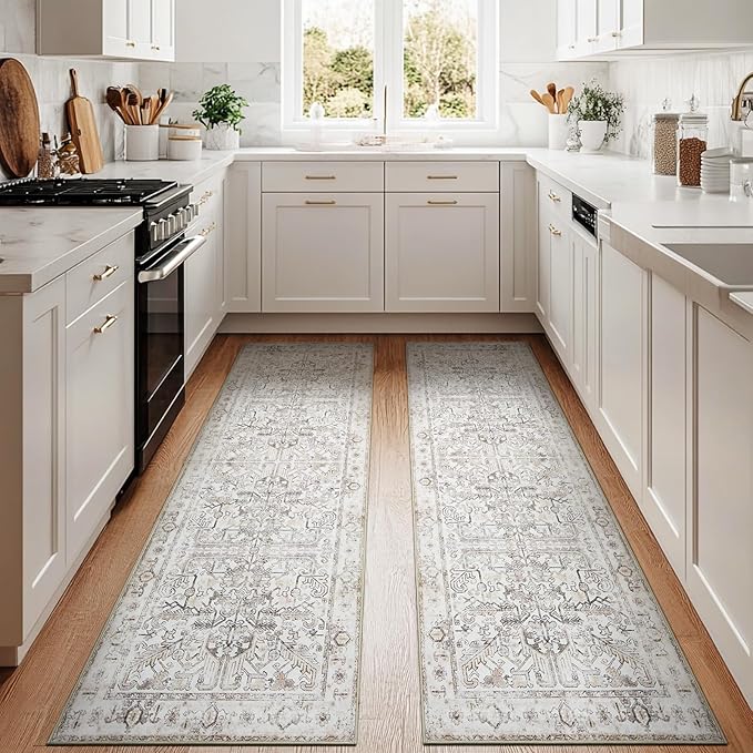 jinchan Lima Kitchen Runner Rug 3x10-2pcs, Bohemian Hallway Washable Rug Floral Non Slip with Rubber Backing Vintage Carpet Runner for Bedroom Bathroom Laundry Room Living Room Taupe