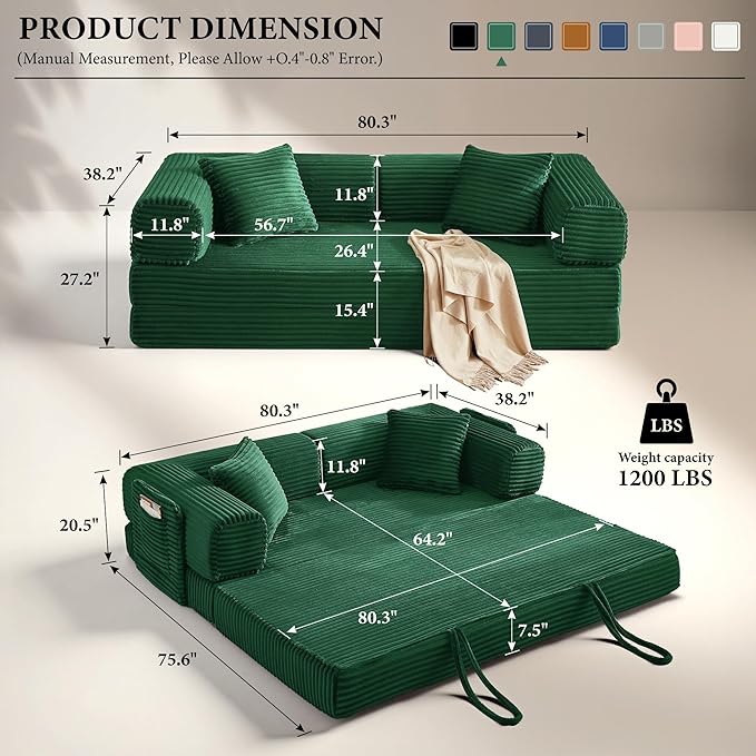 Boneless Couch Folding Couches for Living Room Sofa, Futon Sofa Bed with Sleeper Sofa, Futon Couch with Fixed-Shape Oversized Corduroy Upholstered (Green, 81 Inches)