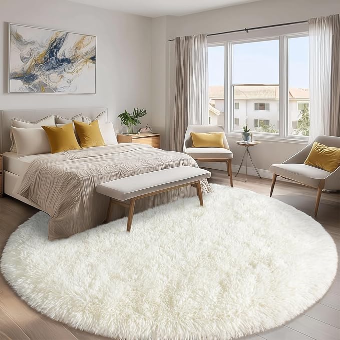 Round White Rug for Bedroom, 7 ft Circle Area Rugs for Living Room, Soft Large Fluffy Shag Carpet for Teen Girls Boys Nursery Room Dorm Home Decor Aesthetic