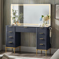 T4TREAM 48" Fluted Makeup Vanity Desk with 48" Large Mirror and HD LED Lights, Modern Vanity Table with Charging Station, Glass Top and Golden Handles Dressing Table for Bedroom,Dark Grey