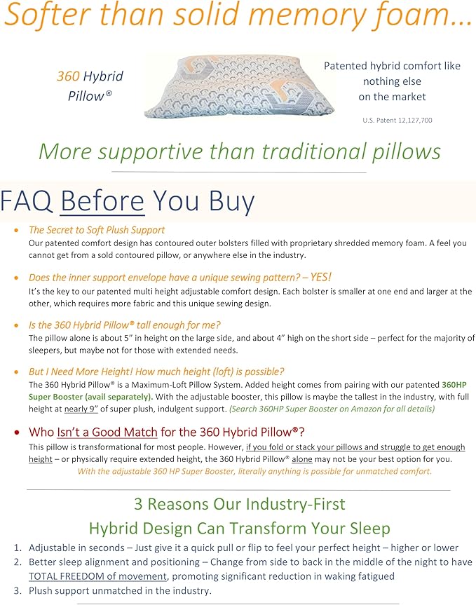 360 Hybrid Pillow® – Cervical Neck Pillow for Pain Relief | Ergonomic & Adjustable for Back, Side, Stomach Sleepers, Contoured Neck Roll, Shoulder Loft, Queen Size 29"x19", Patented Orthopedic Comfort