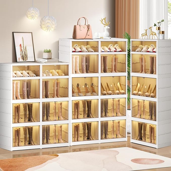 5-Tier Foldable Shoe Rack Organizer for Closet 20Pairs Plastic Collapsible Shoes Storage Box Clear Shoe Boxes Stackable with Door Easy Assembly Shoe Cabinet Bins with Lids Large