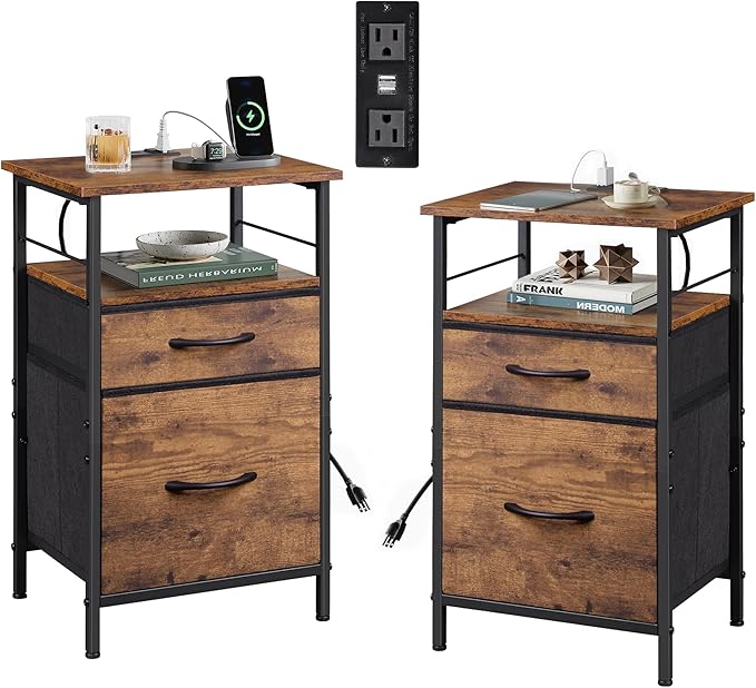 WLIVE Night Stand Set 2, Nightstand with Charging Station, Bedside Tables for Bedroom, Side Table with Fabric Drawers, USB Ports and Outlets, Rustic Brown