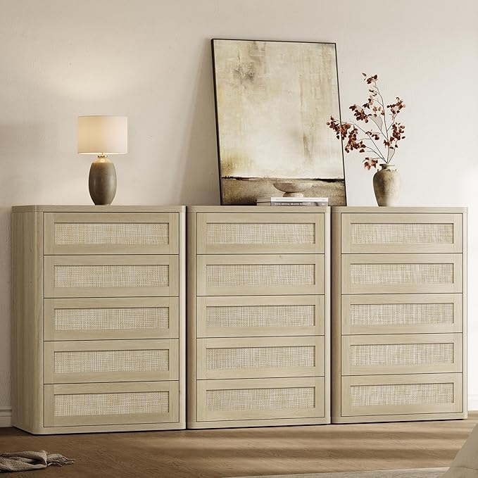 SICOTAS Tall Dresser for Bedroom - Rattan 5 Drawer Dressers Chest of Drawers with Push-to-Open Design, Boho Extra Deep Clothes Dresser with Large Storage for Closet, Living Room, Sand Oak, 3PCS