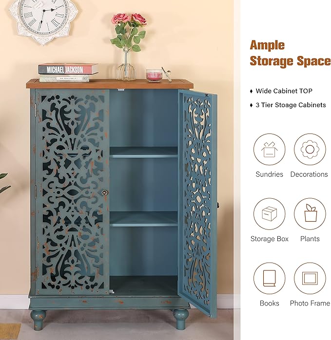 PHI VILLA Tall Accent Cabinet with Doors - Credenza for Living Room Farmhouse Storage Cabinet with Hollow Carved Door, 2 Door Accent Cabinets
